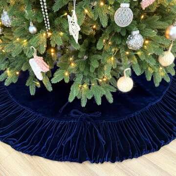 72-Inch Ruffled Velvet Christmas Tree Skirt, Thick Foam-Lined Heavy Duty Fabric with Plush Lace Ties, Royal Blue