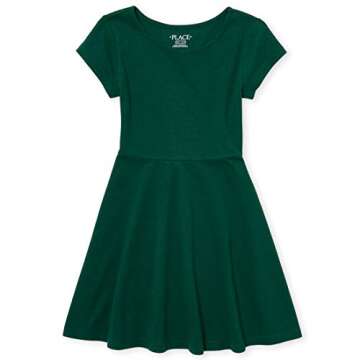 The Children's Place Girls' Short Sleeve Basic Skater Dress – Spruce Green