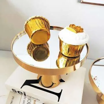 Loticy 8 Inches 20cm Gold Round Mirror Cake Stand Cupcake Stands Metal Pedestal Holder, Party Dessert Cheese Display Plate for Wedding Party Birthday Baby Shower Celebration Home Decoration