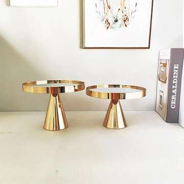 Loticy 8 Inches 20cm Gold Round Mirror Cake Stand Cupcake Stands Metal Pedestal Holder, Party Dessert Cheese Display Plate for Wedding Party Birthday Baby Shower Celebration Home Decoration