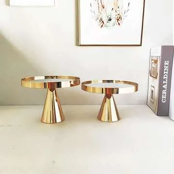 Loticy 8 Inches 20cm Gold Round Mirror Cake Stand Cupcake Stands Metal Pedestal Holder, Party Dessert Cheese Display Plate for Wedding Party Birthday Baby Shower Celebration Home Decoration