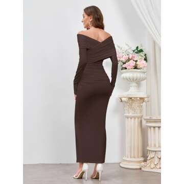 Elegant Off Shoulder Long Sleeve Ruched Bodycon Maxi Dress Wedding Guest Evening Formal Fall Long Dr...