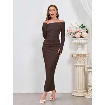 Elegant Off Shoulder Long Sleeve Ruched Bodycon Maxi Dress Wedding Guest Evening Formal Fall Long Dresses for Women 2024 Brown S