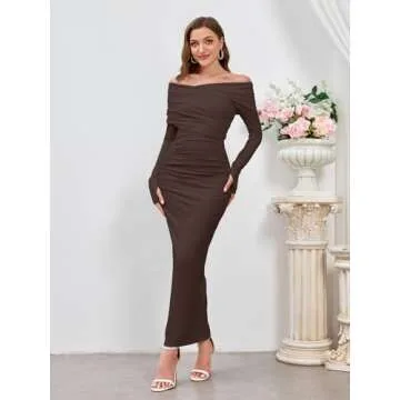 Elegant Off Shoulder Long Sleeve Ruched Bodycon Maxi Dress Wedding Guest Evening Formal Fall Long Dresses for Women 2024 Brown S