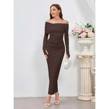Elegant Off Shoulder Long Sleeve Ruched Bodycon Maxi Dress Wedding Guest Evening Formal Fall Long Dresses for Women 2024 Brown S
