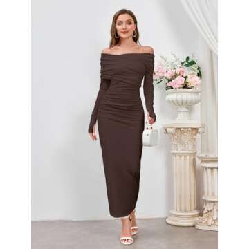 Elegant Off Shoulder Long Sleeve Ruched Bodycon Maxi Dress Wedding Guest Evening Formal Fall Long Dresses for Women 2024 Brown S