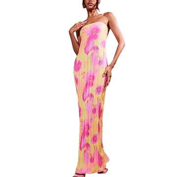 Plisse Strapless Maxi Dress Sexy Off Shoulder Pleated Bandeau Tube Dresses Open Back Beach Dress (Fl...