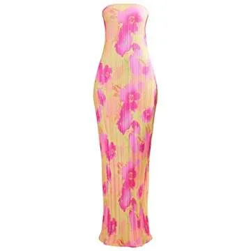 Plisse Strapless Maxi Dress Sexy Off Shoulder Pleated Bandeau Tube Dresses Open Back Beach Dress (Floral Dark Pink, S)