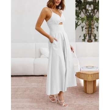 BTFBM Women 2025 Summer Spaghetti Strap Dress Sleeveless V Neck Cutout Slit Casual Beach Party Maxi Dresses with Pockets(Solid White, Small)
