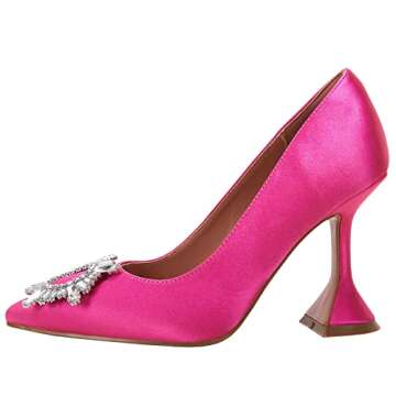 VETASTE Women's High Heels Pumps Pointed Toe Bridal Wedding Party Crystal Buckle Dress Shoes Rose Red