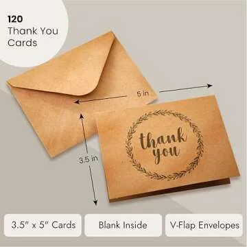 BEST PAPER GREETINGS 120 Pack 3.5x5-inch Bulk Kraft Thank You Cards with Envelopes - Blank Appreciat...