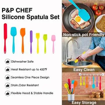 Silicone Spatula Set of 7, P&P CHEF Heat-Resistant Rubber Spatulas Kitchen Utensils Set for Non-stick Cooking Baking Mixing, Seamless & Flexible Design, Dishwasher Safe, Multicolor