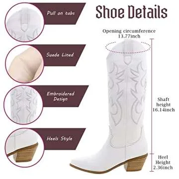 Erocalli Cowboy Boots for Women Embroidered Pull-On Chunky Stacked Heel Cowgirl Knee High Western Boots