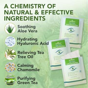 NOVEHA 60PCs Tea Tree Oil Eyelid & Lash Wipes | With Hyaluronic Acid, Green Tea & Chamomile For Blep...