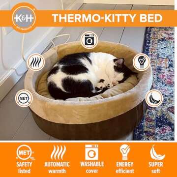 K&H Pet Products Thermo-Kitty Bed Heated Cat Beds for Indoor Cats & Dogs, Calming Warming Pillow Pet Bed, Machine Washable, Removable Heater, Safety Listed - Small 16" Round Mocha/Tan
