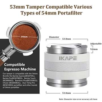 IKAPE Coffee Products, 53mm Coffee Distributor & Hand Tamper, Adjustable Depth Espresso Distributor Fits All 53mm Espresso Portafilter, Compatible with 54MM Breville Bottomless Portafilter (White)
