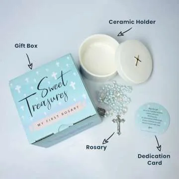 Sweet Treasures Gift – Baptism Gifts for Boys, First Rosary with Ceramic Keepsake Box and Card, Catholic Communion Gift, Christening and Baby Shower Rosary Beads, Blue