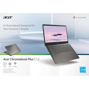 Acer Chromebook Plus 514 Laptop with Google AI – 14" Full HD 1920 x 1080 IPS Touch Display | Intel Core i3-N305 | 8GB LPDDR5 | 128GB SSD | Wi-Fi 6E | FHD Camera | Chrome OS | CB514-4HT-375Z