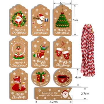 RIKWOG 50Pcs Christmas Gift Tags, 10 Styles Xmas Kraft Paper Gift Tag Hang Labels with String for Ch...