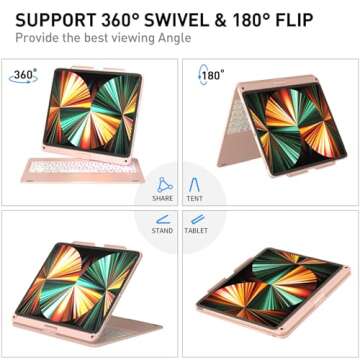 NOKBABO iPad Pro 12.9 inch Case with Keyboard, Rainbow Backlits, Pencil Holder, 360° Rotatable, Keyboard for iPad Pro 12.9 inch 6th/5th/4th/3rd Generation - Rose Gold