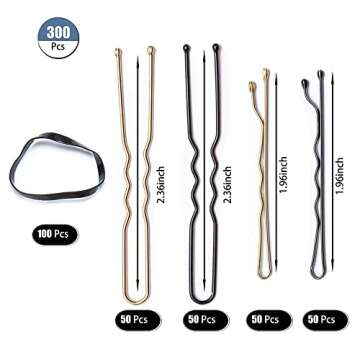 300 Pcs Hair Pins Kit, Including 100 Pcs Bobby Pins, 100 Pcs U Hair Pins, 100 Pcs Black Rubber Hair Bands, Hair Pins for Kids Girls and Women, Made of Metal, Not Easy to Fade, Which is Durable to be