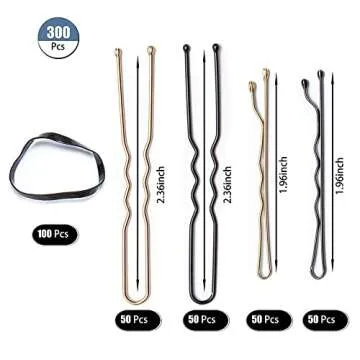 300 Pcs Hair Pins Kit, Including 100 Pcs Bobby Pins, 100 Pcs U Hair Pins, 100 Pcs Black Rubber Hair Bands, Hair Pins for Kids Girls and Women, Made of Metal, Not Easy to Fade, Which is Durable to be