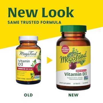 MegaFood Vitamin D3 2000 IU (50 mcg) - Vitamin D Supplements With Real Food, Immune Support, Supports Bones, Teeth & Muscles, Vegetarian, Certified Non-GMO, Kosher – 90 Tablets, 90 Servings