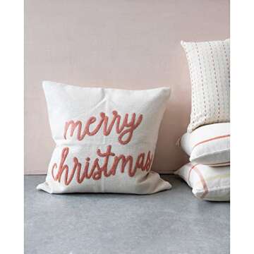 Creative Co-Op Square Cotton Pillow with "Merry Christmas" Embroidery, Cream and Sienna