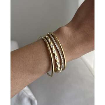 PAVOI 14K Yellow Gold Plated Thin Love Bangle Bracelets for Women | Dainty Waterproof Stainless Steel Cubic Zirconia Hinged Bracelet Dupe | 7"