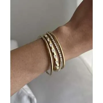 PAVOI 14K Yellow Gold Plated Thin Love Bangle Bracelets for Women | Dainty Waterproof Stainless Steel Cubic Zirconia Hinged Bracelet Dupe | 7"