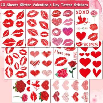 CHARLENT Red Sexy Lips and Heart Temporary Tattoos for Valentine's Day Party Supplies - 10 Sheets Valentine's Day Tattoos for Party Supplies Favors Decorations Gifts