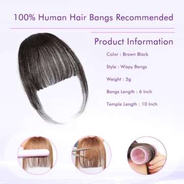 ELEFOCUS Clip in Bangs 100% Real Human Hair Extensions Wispy Brown Black Fake Bangs Hair Clip on bangs for women Fringe with Temples Hairpieces Faux Bangs for Daily Wear