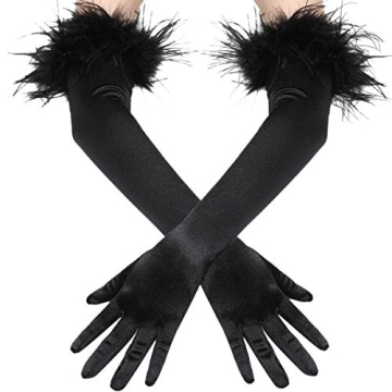 BABEYOND Long Satin Opera Gloves - Pageant Feather Gloves 1920s Stretchy Elbow Gloves for Halloween ...