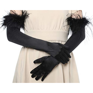 Elegant Satin Opera Gloves with Feather Accents for All Occasions