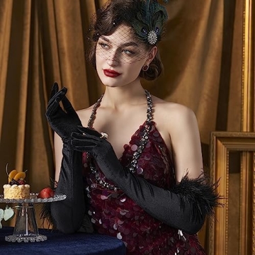 Elegant Satin Opera Gloves with Feather Accents for All Occasions