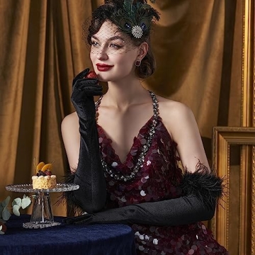 Elegant Satin Opera Gloves with Feather Accents for All Occasions