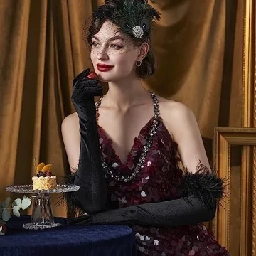 Elegant Satin Opera Gloves with Feather Accents for All Occasions