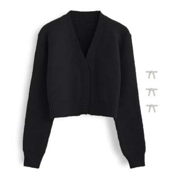 CHICWISH Women Crop Cardigan Sweaters Bowknot Brooch Button Knit Cardigans Open Front Long Sleeves Sweater Tops