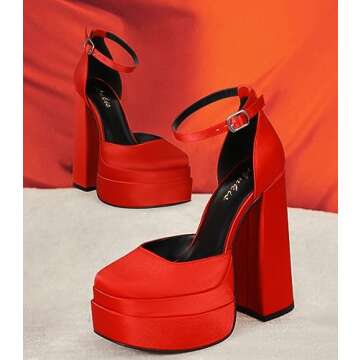 Ankis Red Chunky Platform Heels Closed Toe Heels for Women 5.7in Square Toe Platform Pumps Red Satin Platforms Heels Red Dress Shoes for Wedding Party Prom Pumps Shoes Red High Heels,Red,Size 6