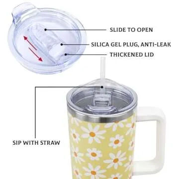 Daisy Tumbler 40 Oz, Daisy Gifts for Women, Flower Daisy Coffee Cup Travel Mug Water Bottle, Daisy Gift for Women, Daisy Accessories Stuff Thing, Floral 40 Oz Tumbler with Handle and Straw