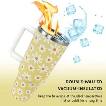 Daisy Tumbler 40 Oz, Daisy Gifts for Women, Flower Daisy Coffee Cup Travel Mug Water Bottle, Daisy Gift for Women, Daisy Accessories Stuff Thing, Floral 40 Oz Tumbler with Handle and Straw