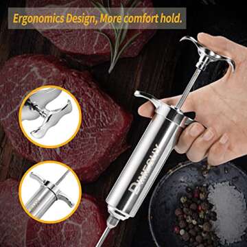 Heavy duty 304 Stainless Steel Meat Injector Kit with 2-oz Large Capacity Barrel with 3 commercial M...