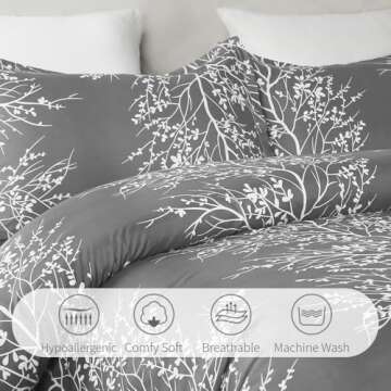 Vaulia Lightweight Cooling Microfiber Duvet Cover Queen Size, Grey and White Floral Branches Print P...