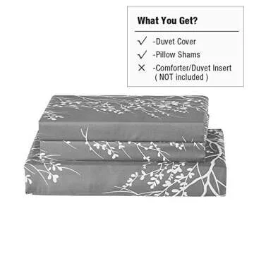 Vaulia Lightweight Cooling Microfiber Duvet Cover Queen Size, Grey and White Floral Branches Print Pattern All Season, 3-Piece Set (1 Duvet Cover 2 Pillow Shams)