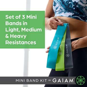 Gaiam Restore Mini Band Kit, Set of 3, Light, Medium, Heavy Lower Body Loop Resistance Bands for Leg...