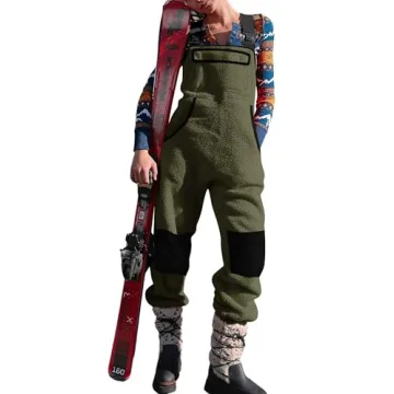 Yousify Women Overalls Sherpa Fleece Jumpsuits Fuzzy Warm Winter Outfits 2024 Loose Pants Snow Bibs with Pocket Green L