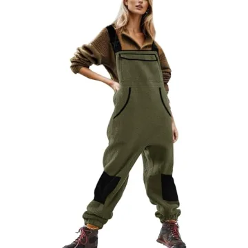 Yousify Women Overalls Sherpa Fleece Jumpsuits Fuzzy Warm Winter Outfits 2024 Loose Pants Snow Bibs with Pocket Green L