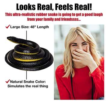 FunFamz The Original Realistic Rubber Snake Toy - Large Black Fake Snake Prank, Keep Birds Away, Toy...