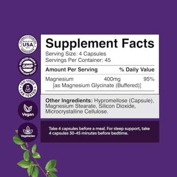 Pure Magnesium Glycinate 400mg Per Serving - Vegan High Absorption Chelated Magnesium Capsules for W...