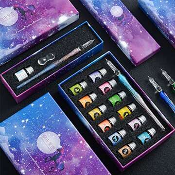 YOLAKIS Glass Dip Pen, Crystal Vintage Handmade Dip Pen and Ink Set Signature Writing Drawing Pen Office Student Business Gift Pen (Pink+Ink)